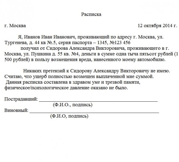 Образец расписки об отказе от претензий из-за ухудшения здоровья